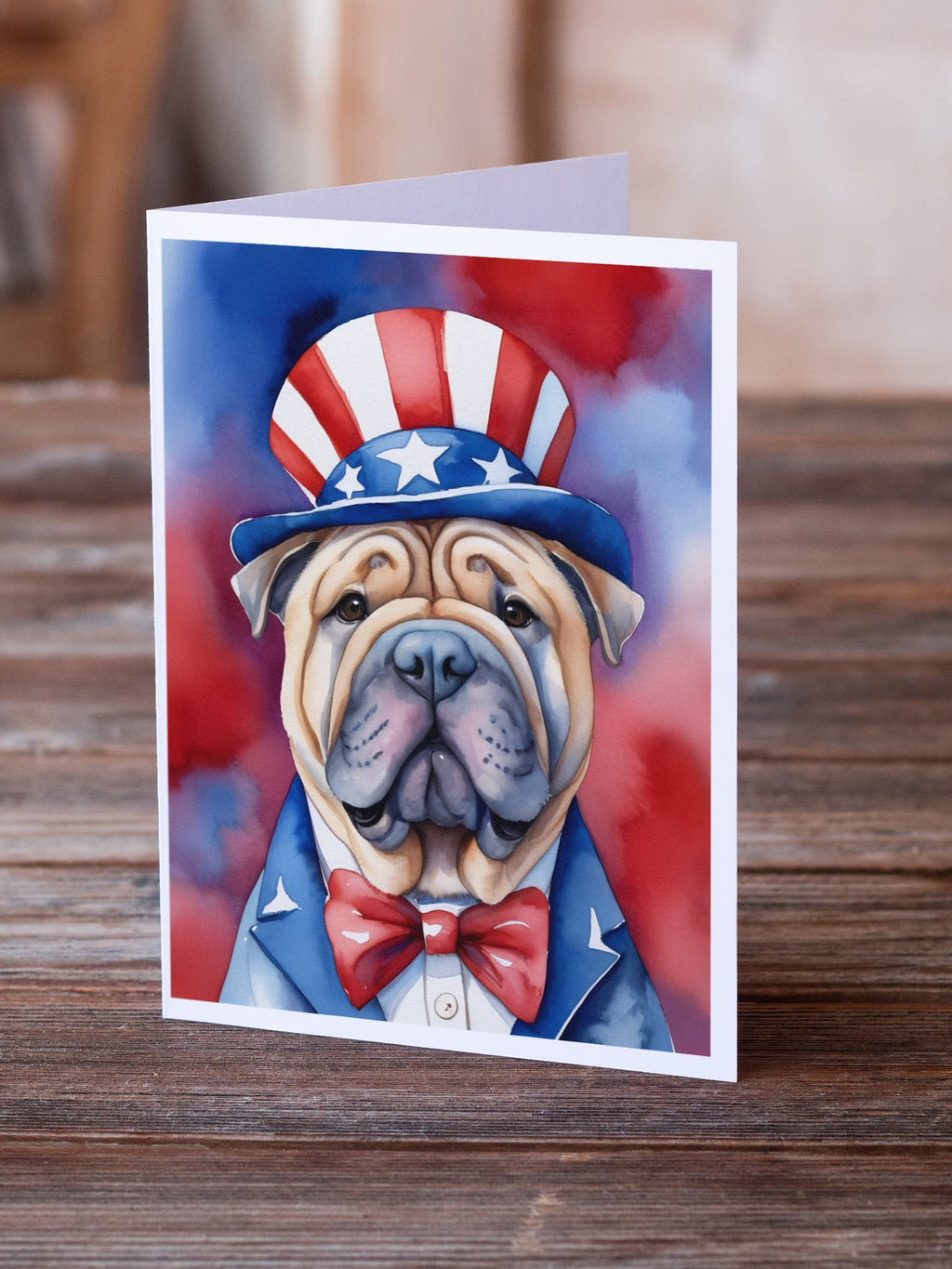 Shar Pei Patriotic American Greeting Cards Pack of 8 Blank Cards with Envelopes Whimsical A7 Size 5x7