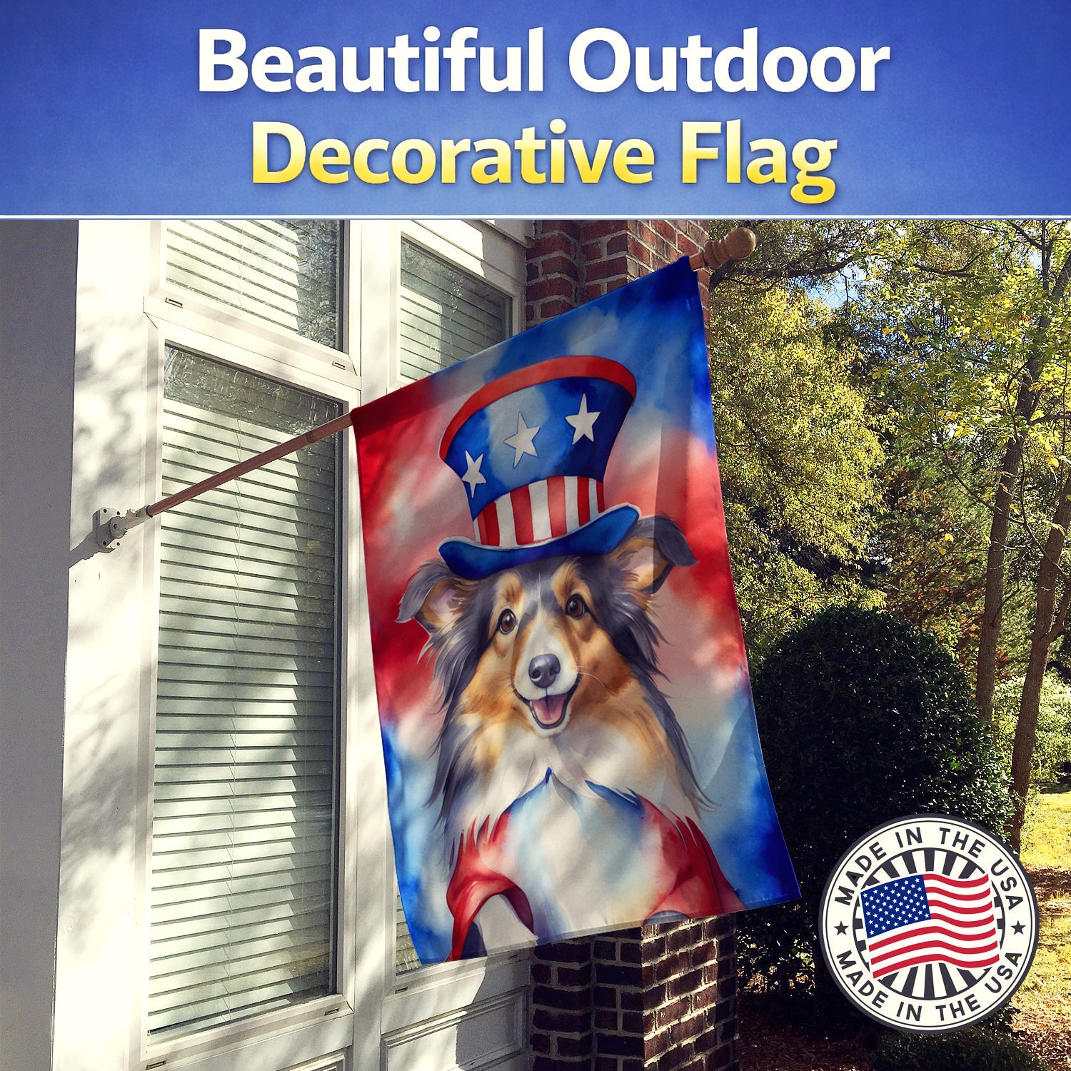 Sheltie Patriotic American House Flag 28x40 Porch Sleeve Pole Decorative Outside Yard Banner Artwork Wall Hanging, Polyester