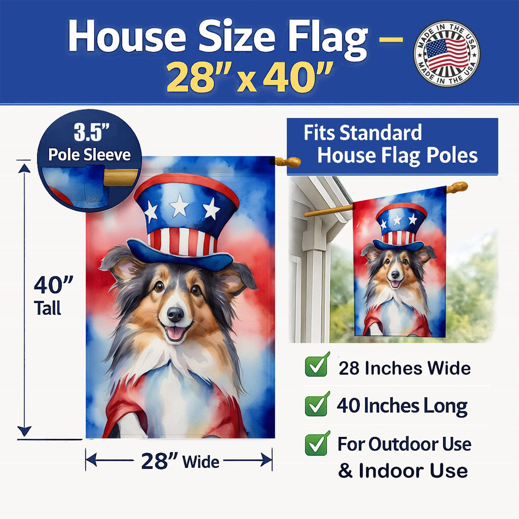 Sheltie Patriotic American House Flag 28x40 Porch Sleeve Pole Decorative Outside Yard Banner Artwork Wall Hanging, Polyester