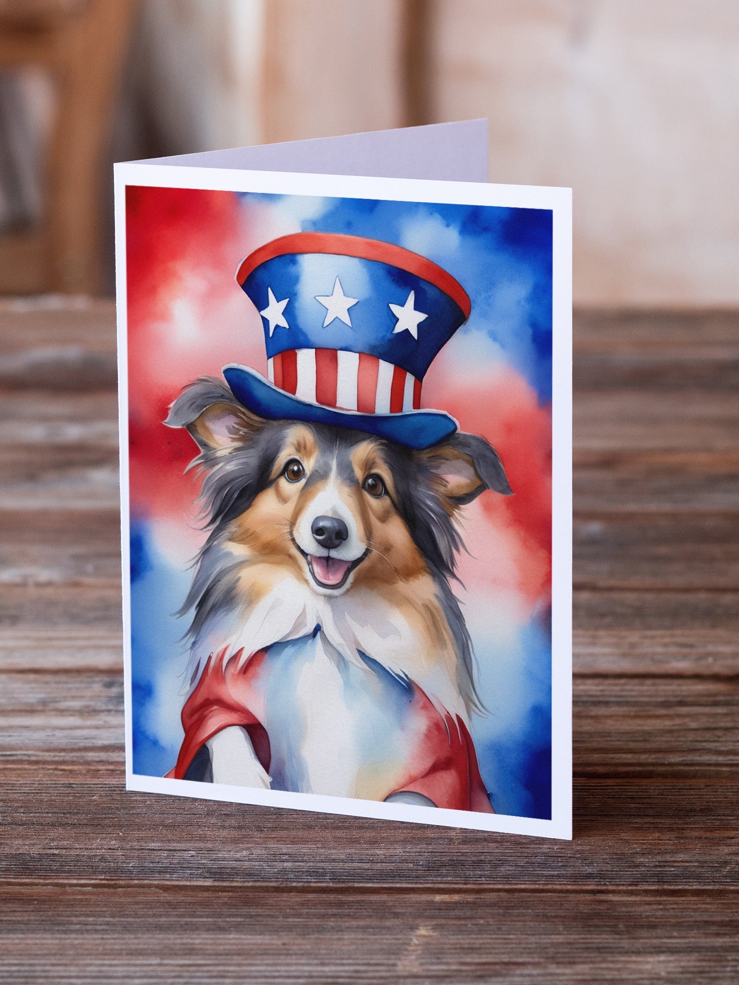 Sheltie Patriotic American Greeting Cards Pack of 8 Blank Cards with Envelopes Whimsical A7 Size 5x7