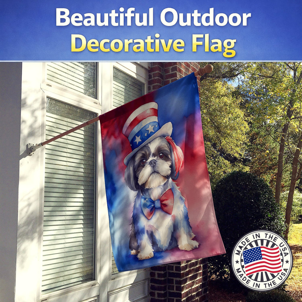 Shih Tzu Patriotic American House Flag 28x40 Porch Sleeve Pole Decorative Outside Yard Banner Artwork Wall Hanging, Polyester