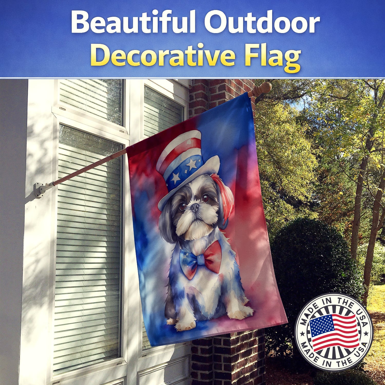 Shih Tzu Patriotic American House Flag 28x40 Porch Sleeve Pole Decorative Outside Yard Banner Artwork Wall Hanging, Polyester