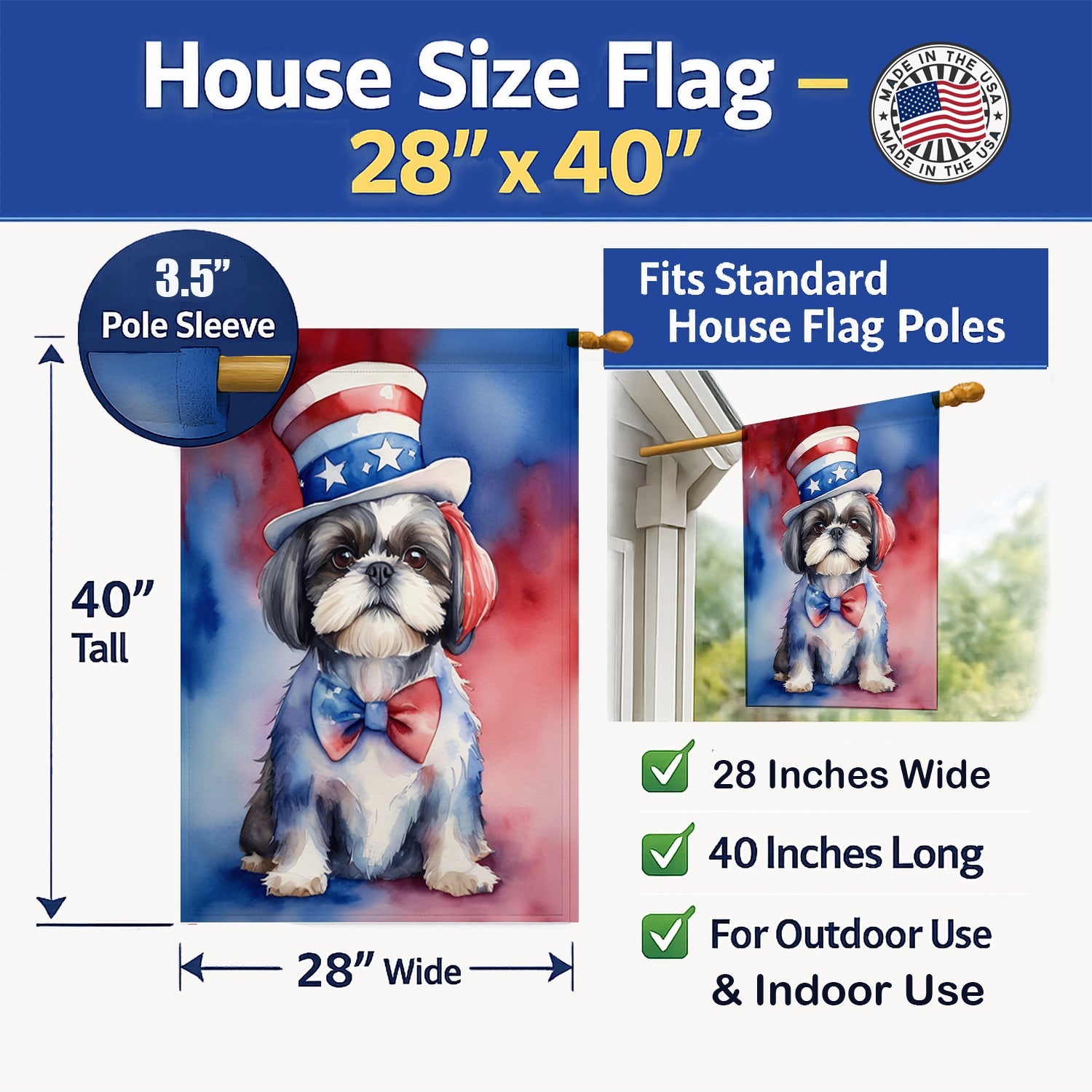 Shih Tzu Patriotic American House Flag 28x40 Porch Sleeve Pole Decorative Outside Yard Banner Artwork Wall Hanging, Polyester