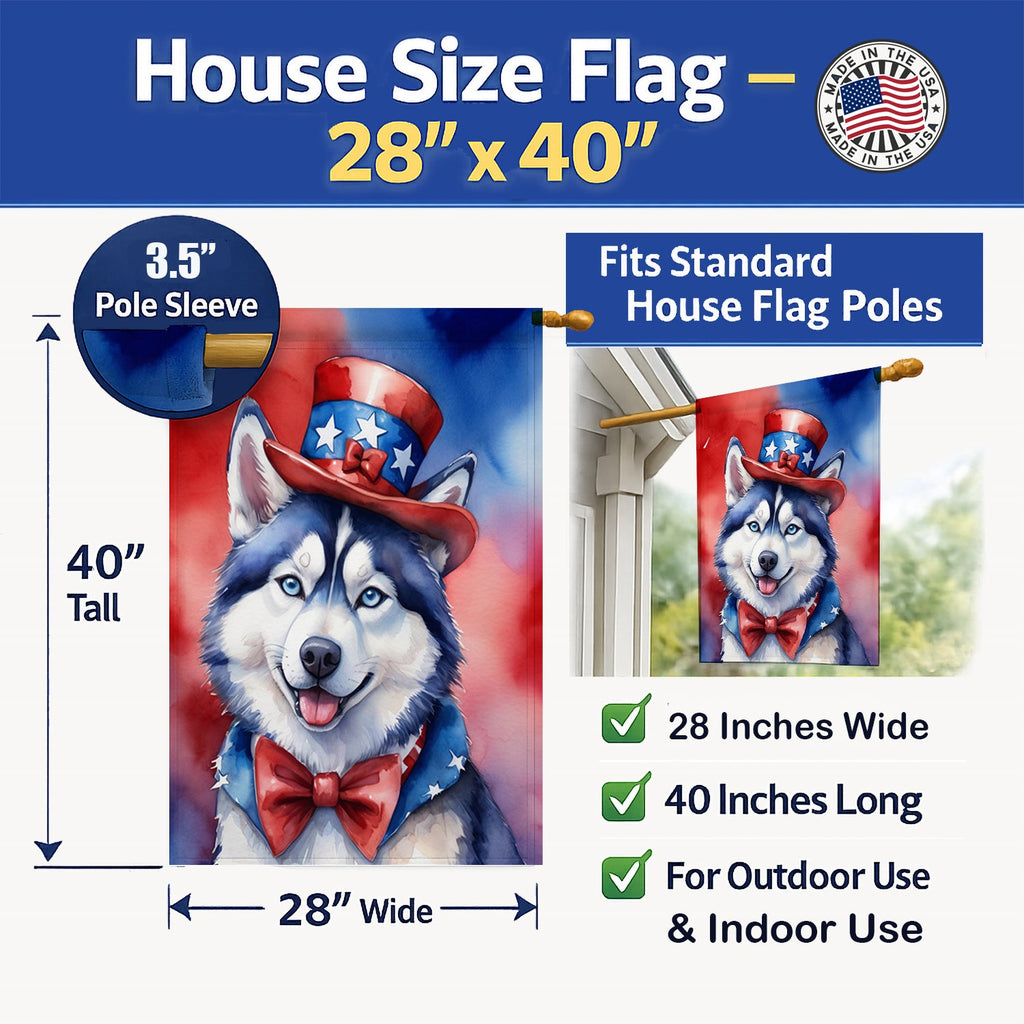 Siberian Husky Patriotic American House Flag 28x40 Porch Sleeve Pole Decorative Outside Yard Banner Artwork Wall Hanging, Polyester