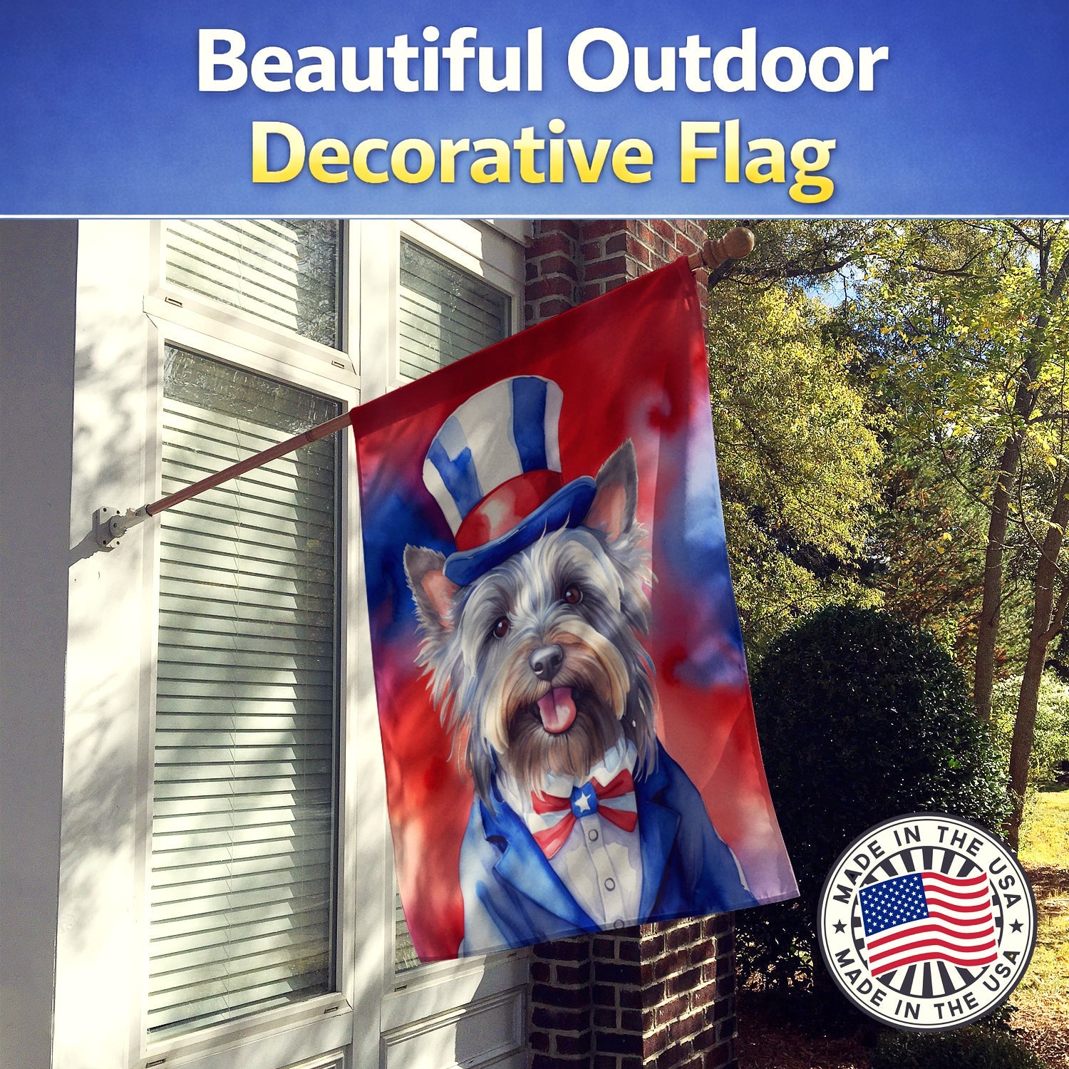 Skye Terrier Patriotic American House Flag 28x40 Porch Sleeve Pole Decorative Outside Yard Banner Artwork Wall Hanging, Polyester