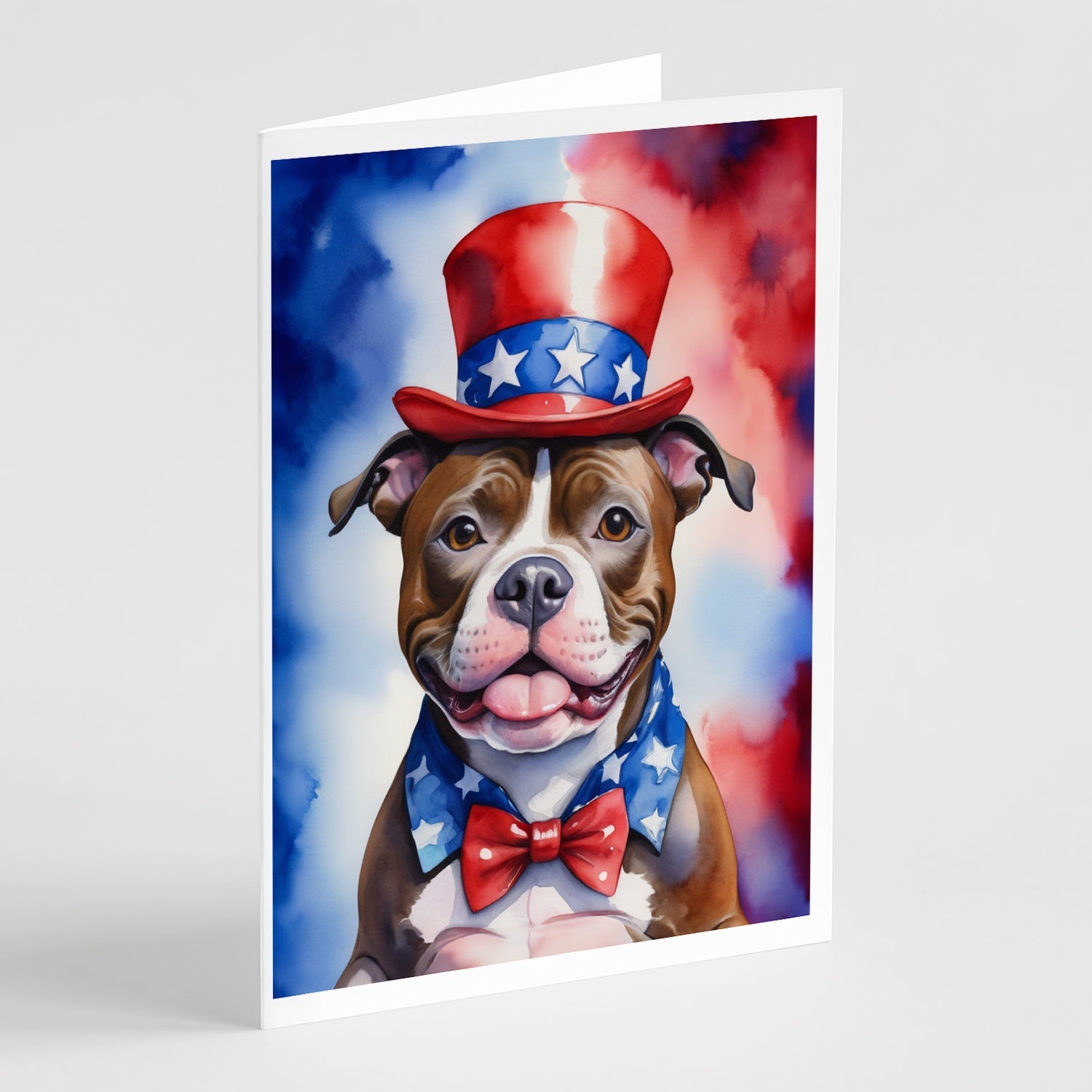 Staffordshire Bull Terrier Patriotic American Greeting Cards Pack of 8 Blank Cards with Envelopes Whimsical A7 Size 5x7