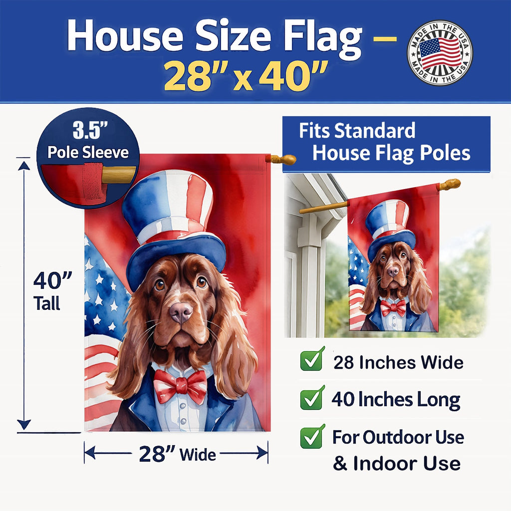 Sussex Spaniel Patriotic American House Flag 28x40 Porch Sleeve Pole Decorative Outside Yard Banner Artwork Wall Hanging, Polyester