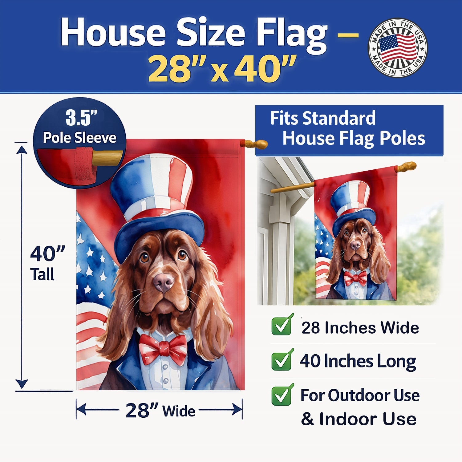 Sussex Spaniel Patriotic American House Flag 28x40 Porch Sleeve Pole Decorative Outside Yard Banner Artwork Wall Hanging, Polyester