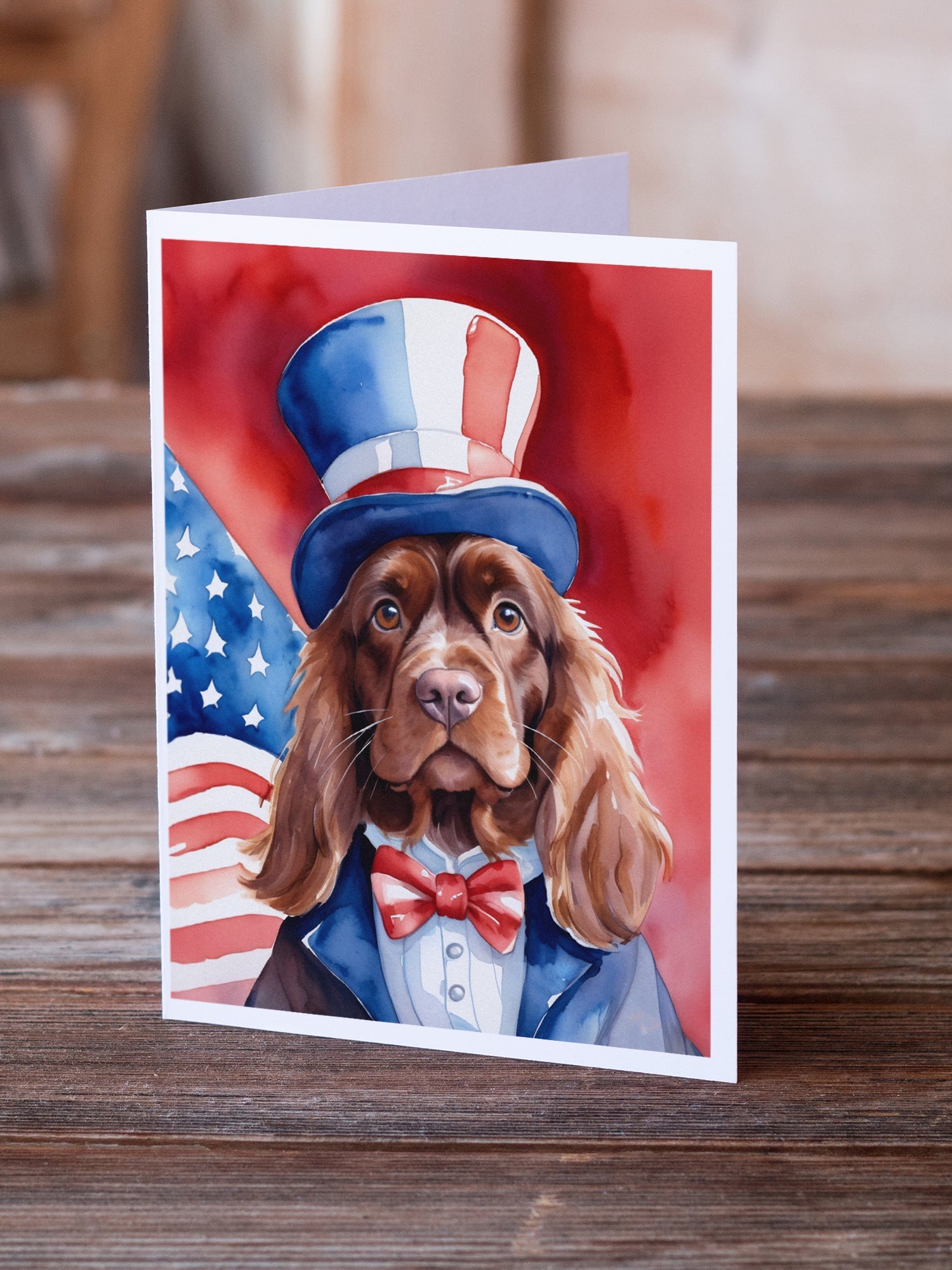 Sussex Spaniel Patriotic American Greeting Cards Pack of 8 Blank Cards with Envelopes Whimsical A7 Size 5x7
