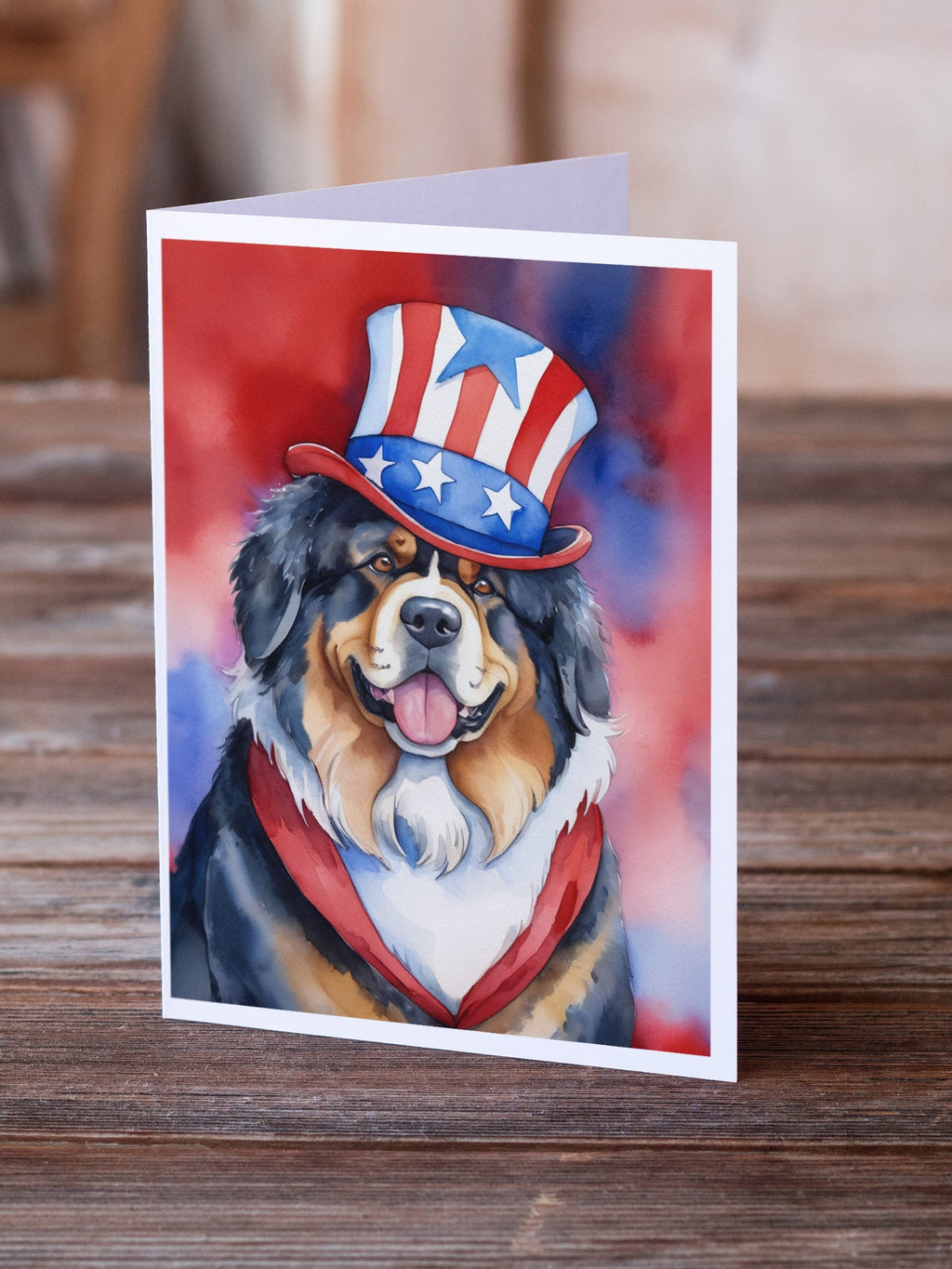 Tibetan Mastiff Patriotic American Greeting Cards Pack of 8 Blank Cards with Envelopes Whimsical A7 Size 5x7