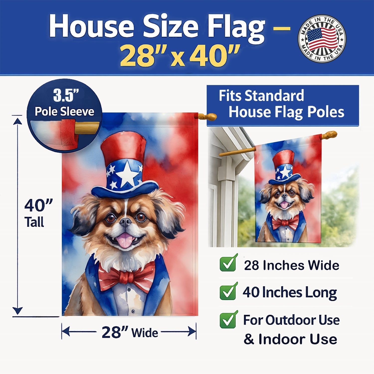 Tibetan Spaniel Patriotic American House Flag 28x40 Porch Sleeve Pole Decorative Outside Yard Banner Artwork Wall Hanging, Polyester