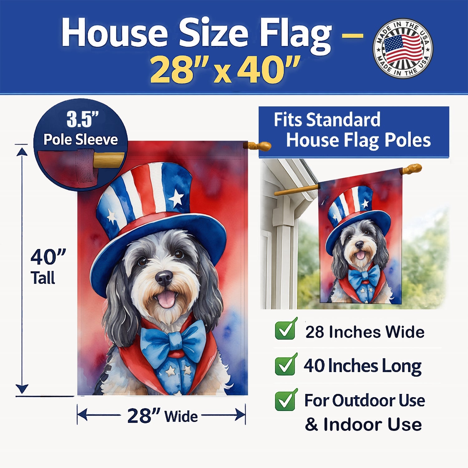 Tibetan Terrier Patriotic American House Flag 28x40 Porch Sleeve Pole Decorative Outside Yard Banner Artwork Wall Hanging, Polyester