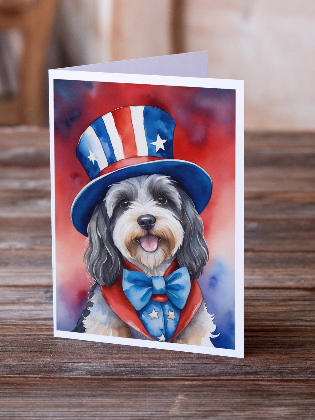 Tibetan Terrier Patriotic American Greeting Cards Pack of 8 Blank Cards with Envelopes Whimsical A7 Size 5x7