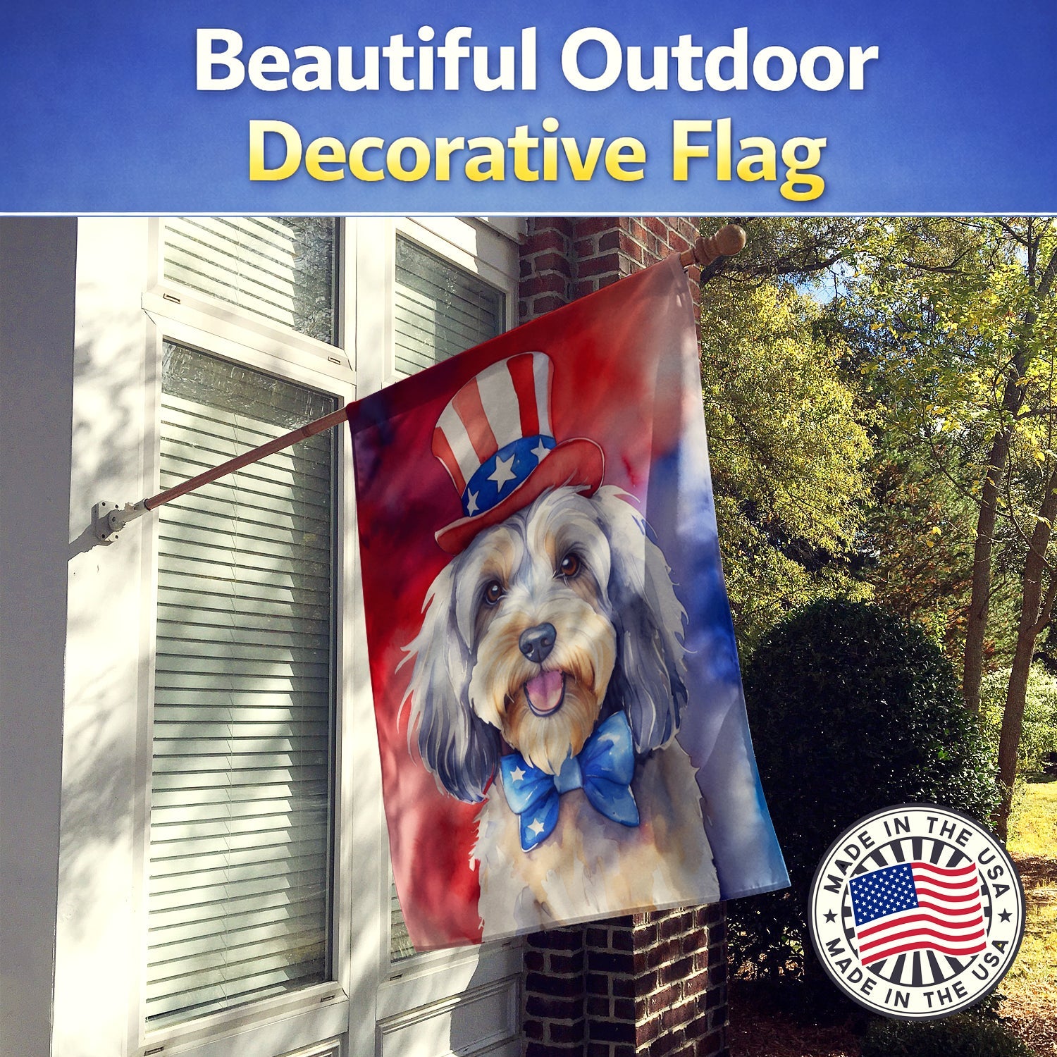 Tibetan Terrier Patriotic American House Flag 28x40 Porch Sleeve Pole Decorative Outside Yard Banner Artwork Wall Hanging, Polyester