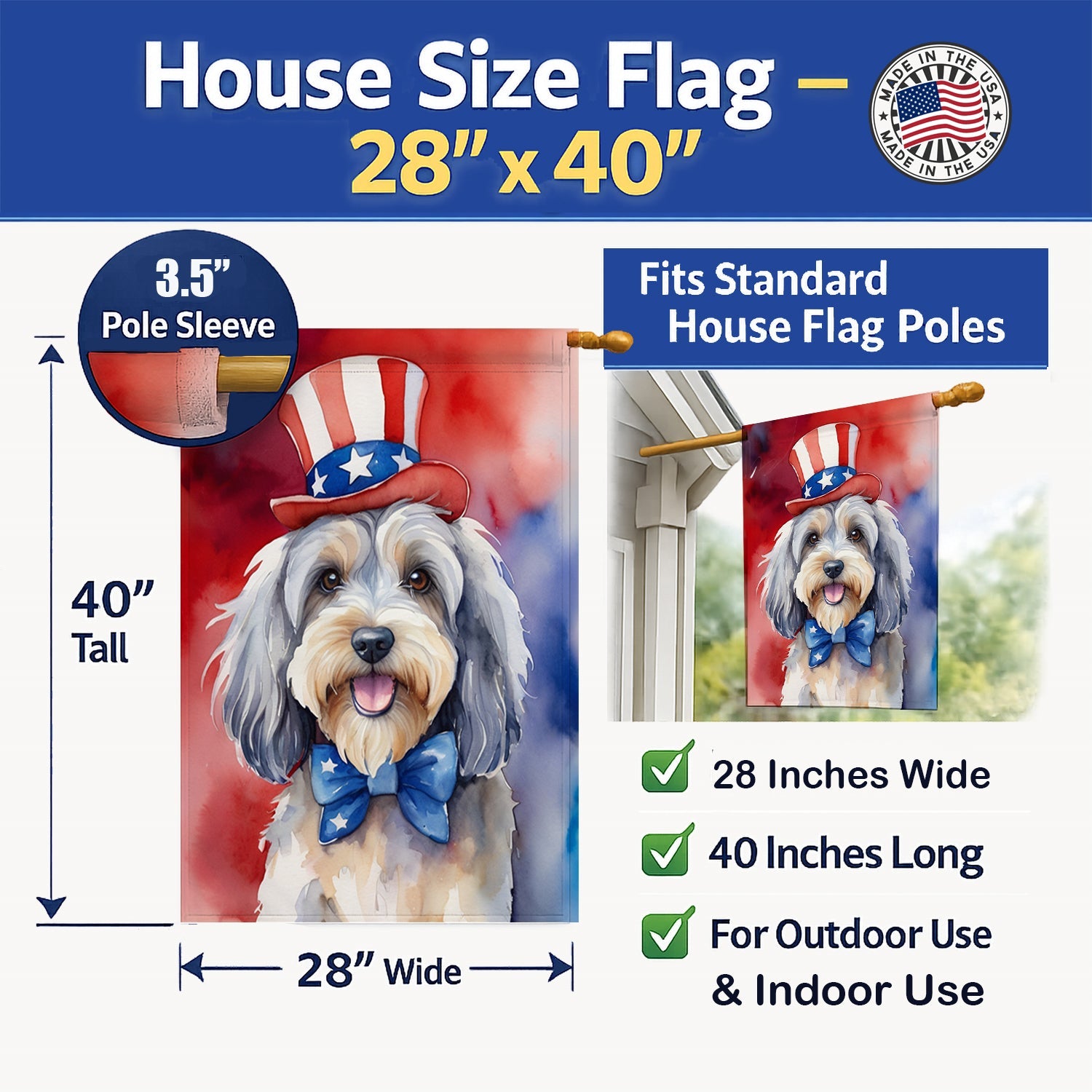 Tibetan Terrier Patriotic American House Flag 28x40 Porch Sleeve Pole Decorative Outside Yard Banner Artwork Wall Hanging, Polyester