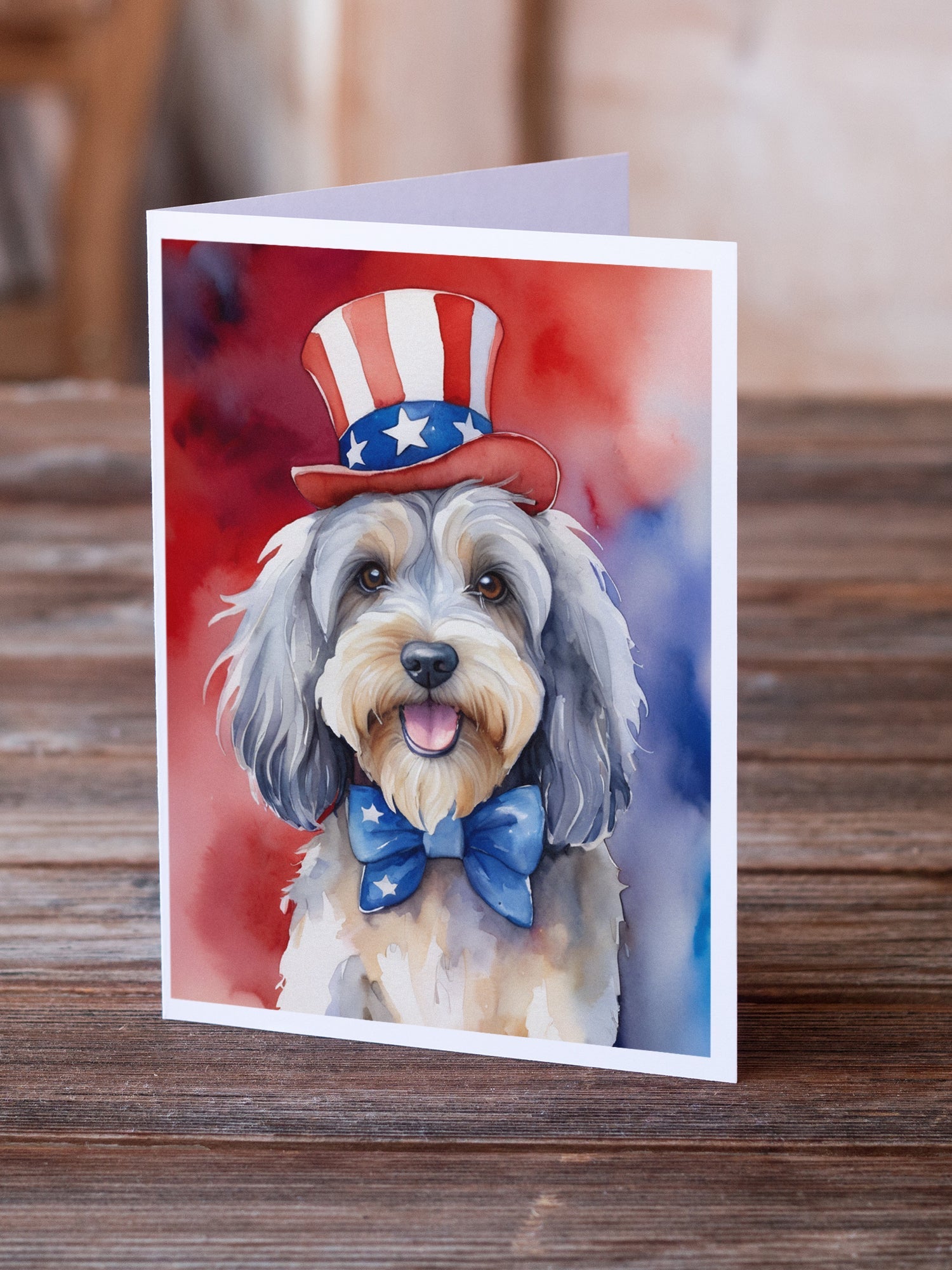 Tibetan Terrier Patriotic American Greeting Cards Pack of 8 Blank Cards with Envelopes Whimsical A7 Size 5x7