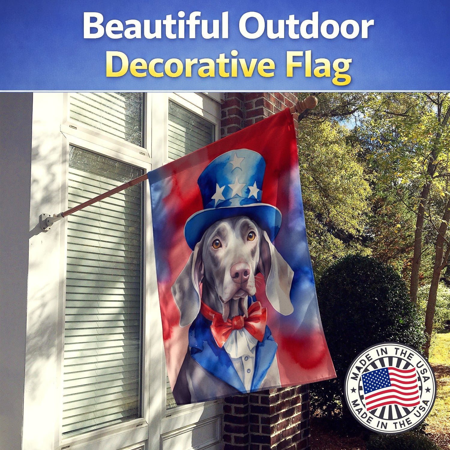 Weimaraner Patriotic American House Flag 28x40 Porch Sleeve Pole Decorative Outside Yard Banner Artwork Wall Hanging, Polyester