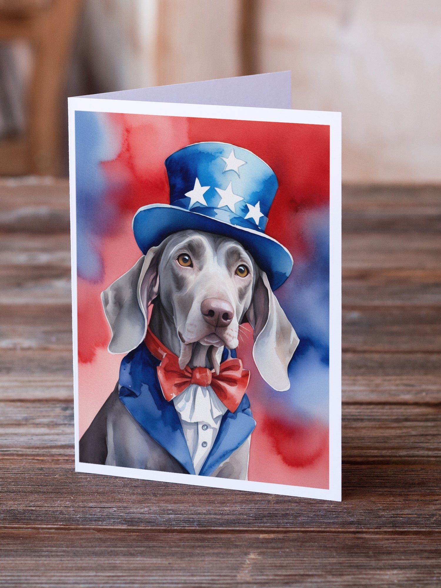 Weimaraner Patriotic American Greeting Cards Pack of 8 Blank Cards with Envelopes Whimsical A7 Size 5x7