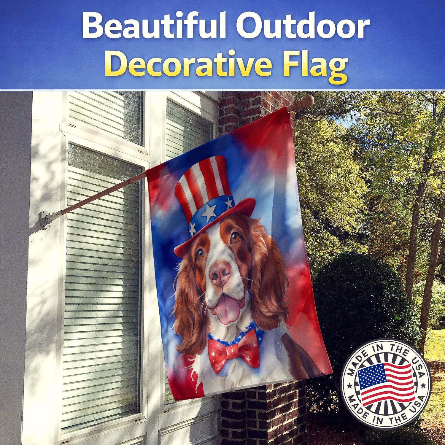 Welsh Springer Spaniel Patriotic American House Flag 28x40 Porch Sleeve Pole Decorative Outside Yard Banner Artwork Wall Hanging, Polyester