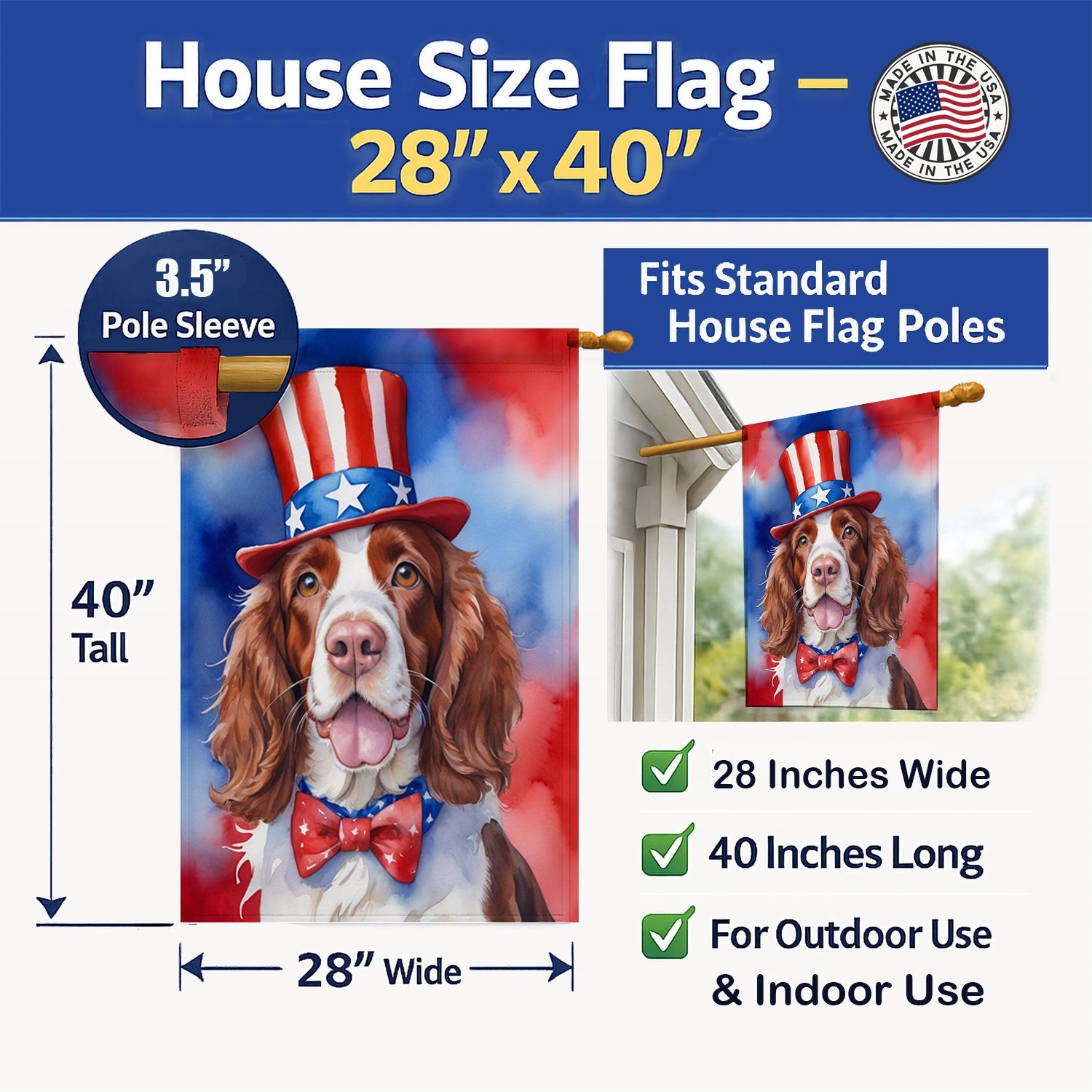 Welsh Springer Spaniel Patriotic American House Flag 28x40 Porch Sleeve Pole Decorative Outside Yard Banner Artwork Wall Hanging, Polyester