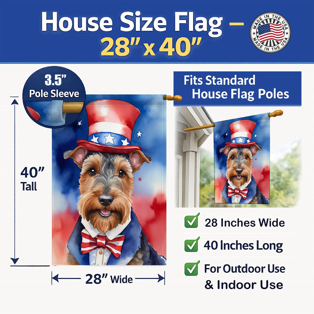 Welsh Terrier Patriotic American House Flag 28x40 Porch Sleeve Pole Decorative Outside Yard Banner Artwork Wall Hanging, Polyester