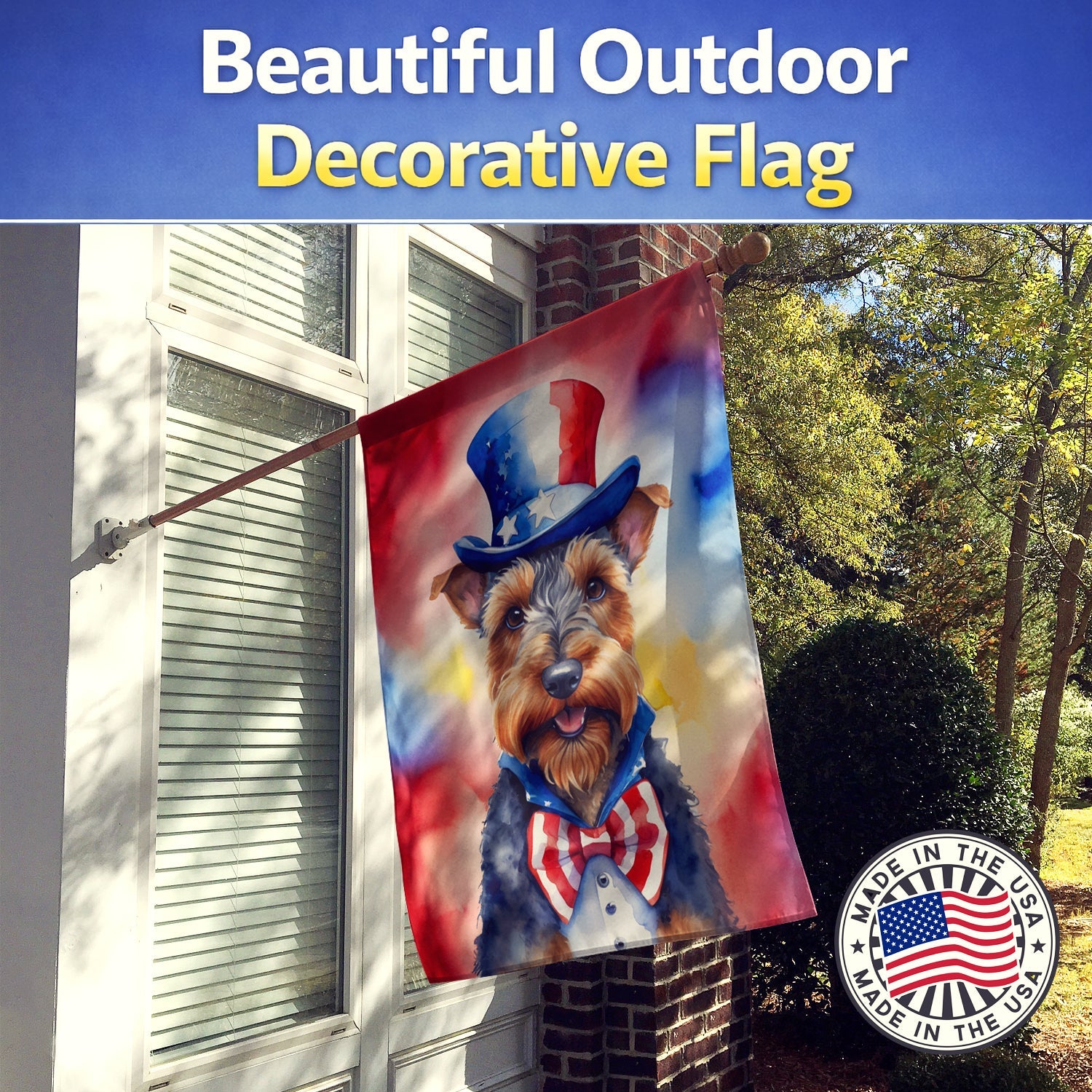 Welsh Terrier Patriotic American House Flag 28x40 Porch Sleeve Pole Decorative Outside Yard Banner Artwork Wall Hanging, Polyester