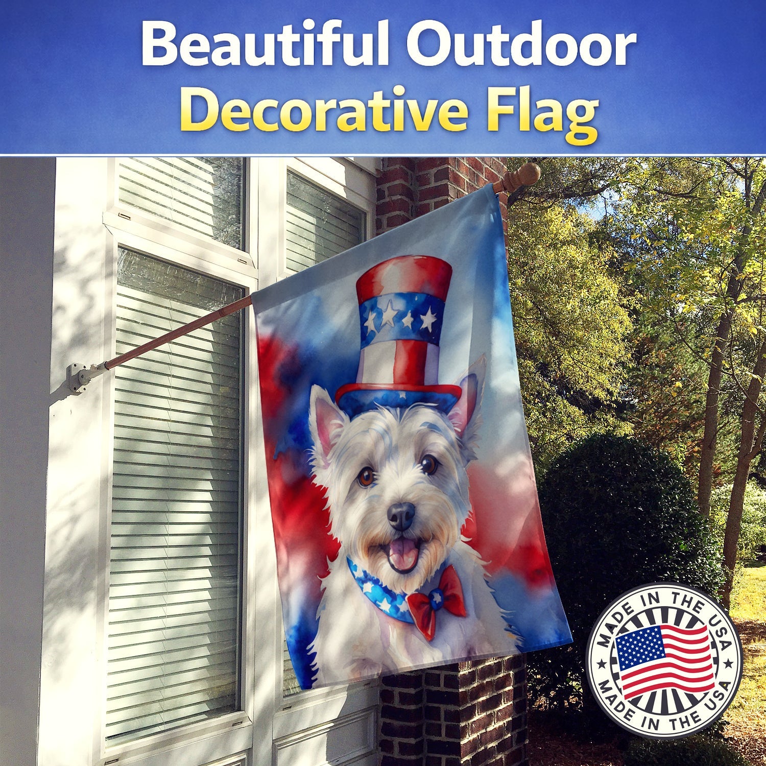 Westie Patriotic American House Flag 28x40 Porch Sleeve Pole Decorative Outside Yard Banner Artwork Wall Hanging, Polyester