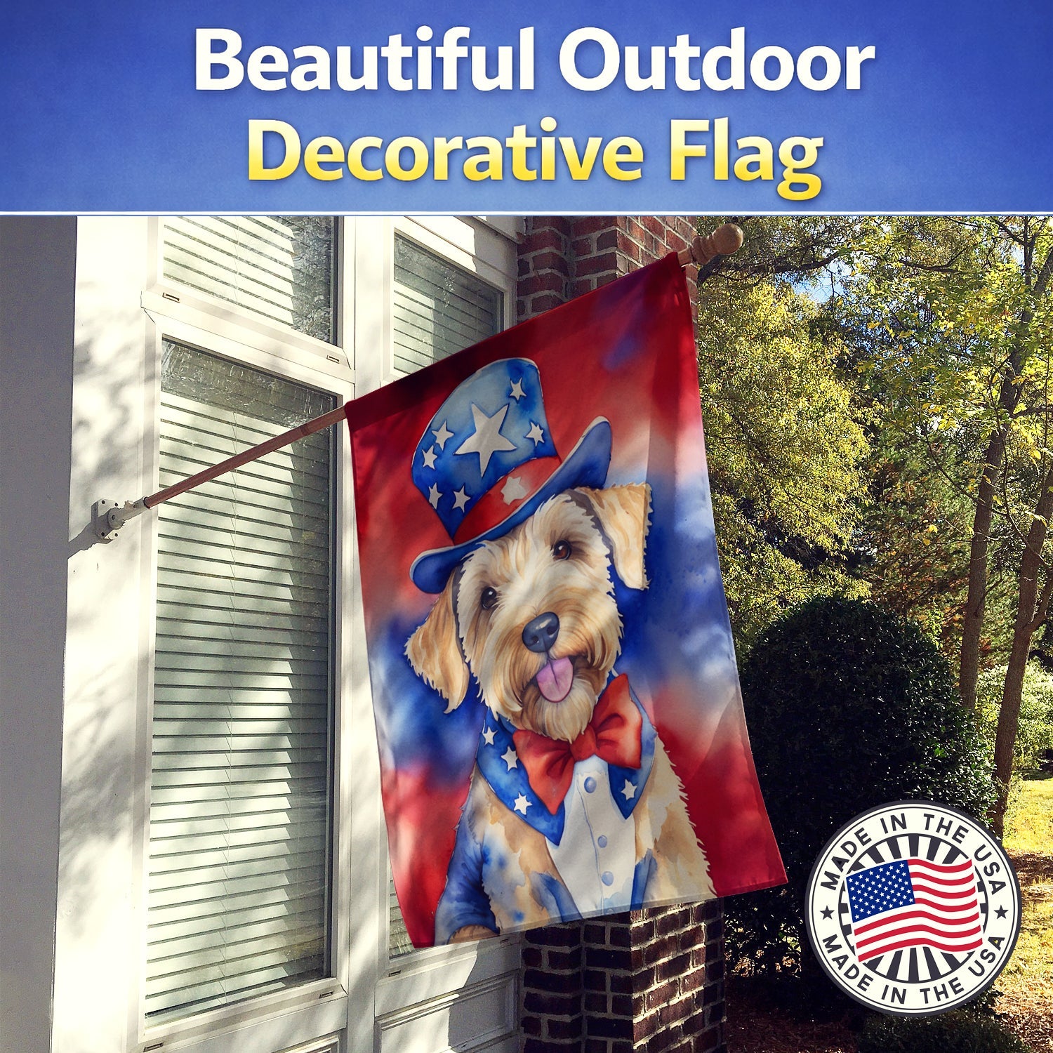 Wheaten Terrier Patriotic American House Flag 28x40 Porch Sleeve Pole Decorative Outside Yard Banner Artwork Wall Hanging, Polyester