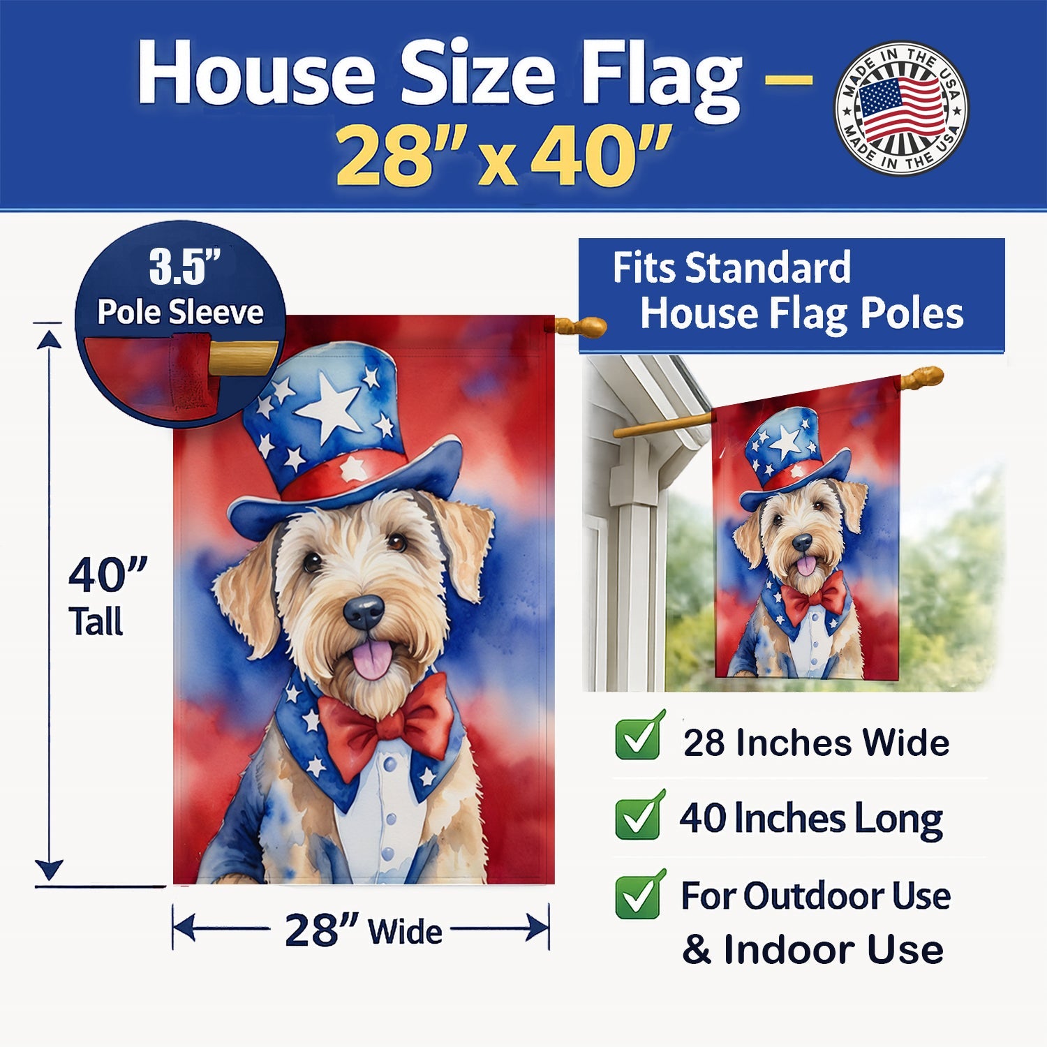 Wheaten Terrier Patriotic American House Flag 28x40 Porch Sleeve Pole Decorative Outside Yard Banner Artwork Wall Hanging, Polyester