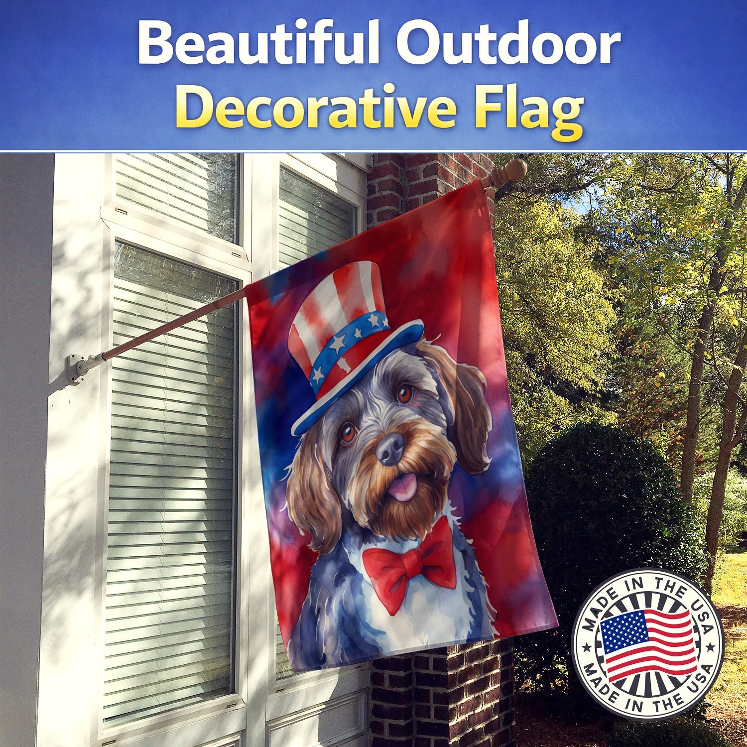 Wirehaired Pointing Griffon Patriotic American House Flag 28x40 Porch Sleeve Pole Decorative Outside Yard Banner Artwork Wall Hanging, Polyester