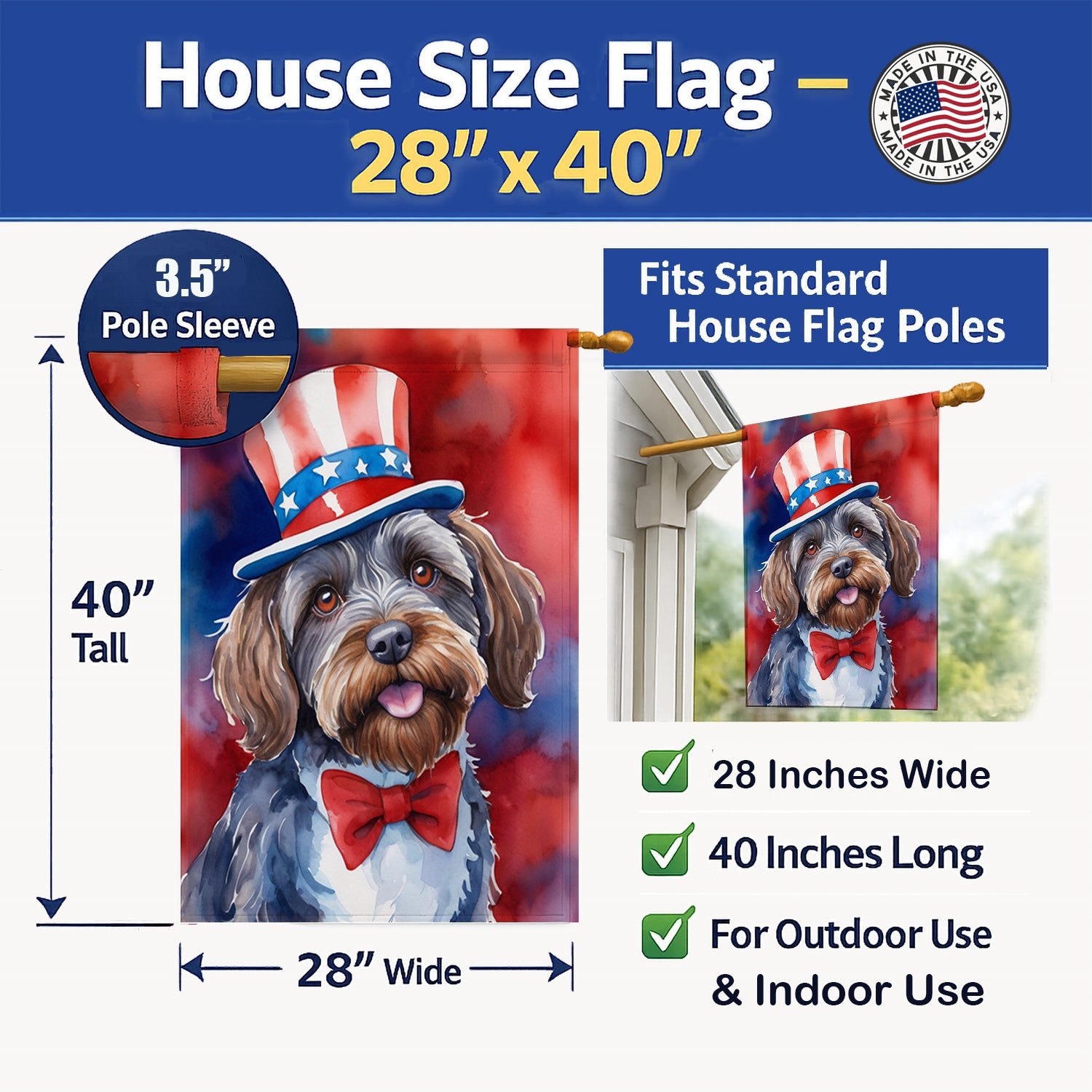 Wirehaired Pointing Griffon Patriotic American House Flag 28x40 Porch Sleeve Pole Decorative Outside Yard Banner Artwork Wall Hanging, Polyester