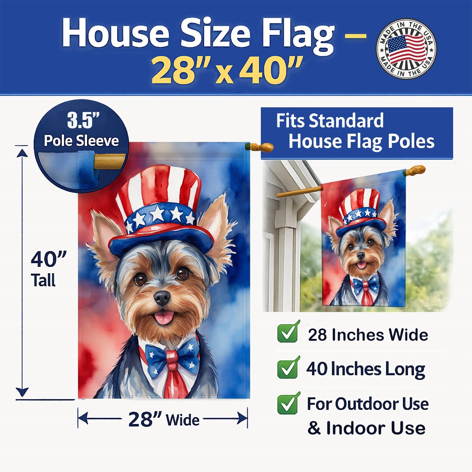 Yorkshire Terrier Patriotic American House Flag 28x40 Porch Sleeve Pole Decorative Outside Yard Banner Artwork Wall Hanging, Polyester