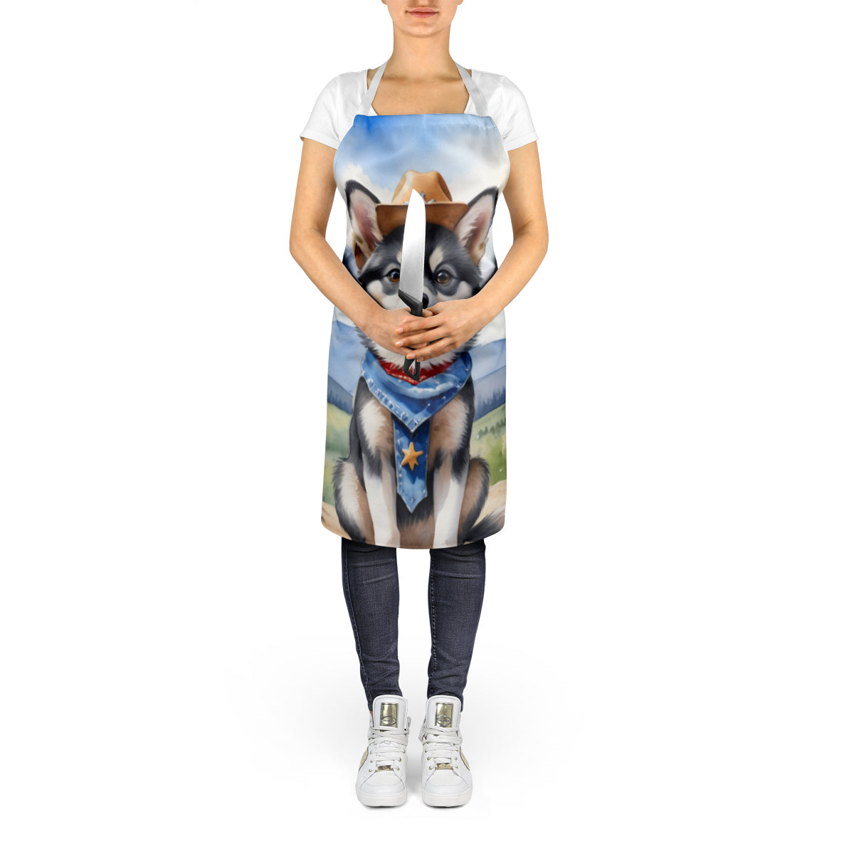 Alaskan Klee Kai Cowboy Welcome Apron Cooking Kitchen Server Baking Crafts Gardening for Adult Women Men, Unisex, Large, Multicolor