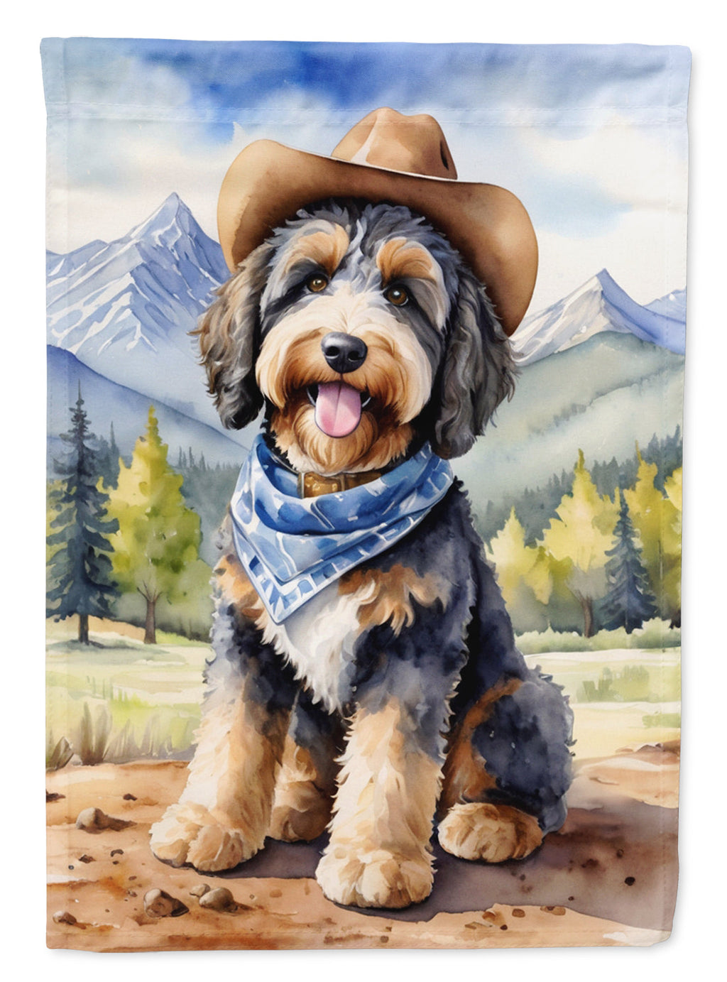 Bernedoodle Cowboy Welcome House Flag 28x40 Porch Sleeve Pole Decorative Outside Yard Banner Artwork Wall Hanging, Polyester