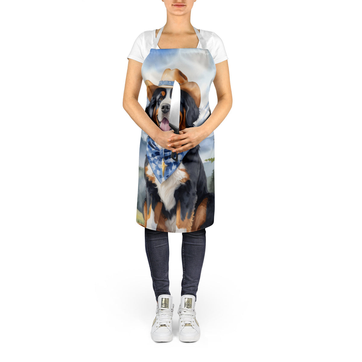 Bernese Mountain Dog Cowboy Welcome Apron Cooking Kitchen Server Baking Crafts Gardening for Adult Women Men, Unisex, Large, Multicolor