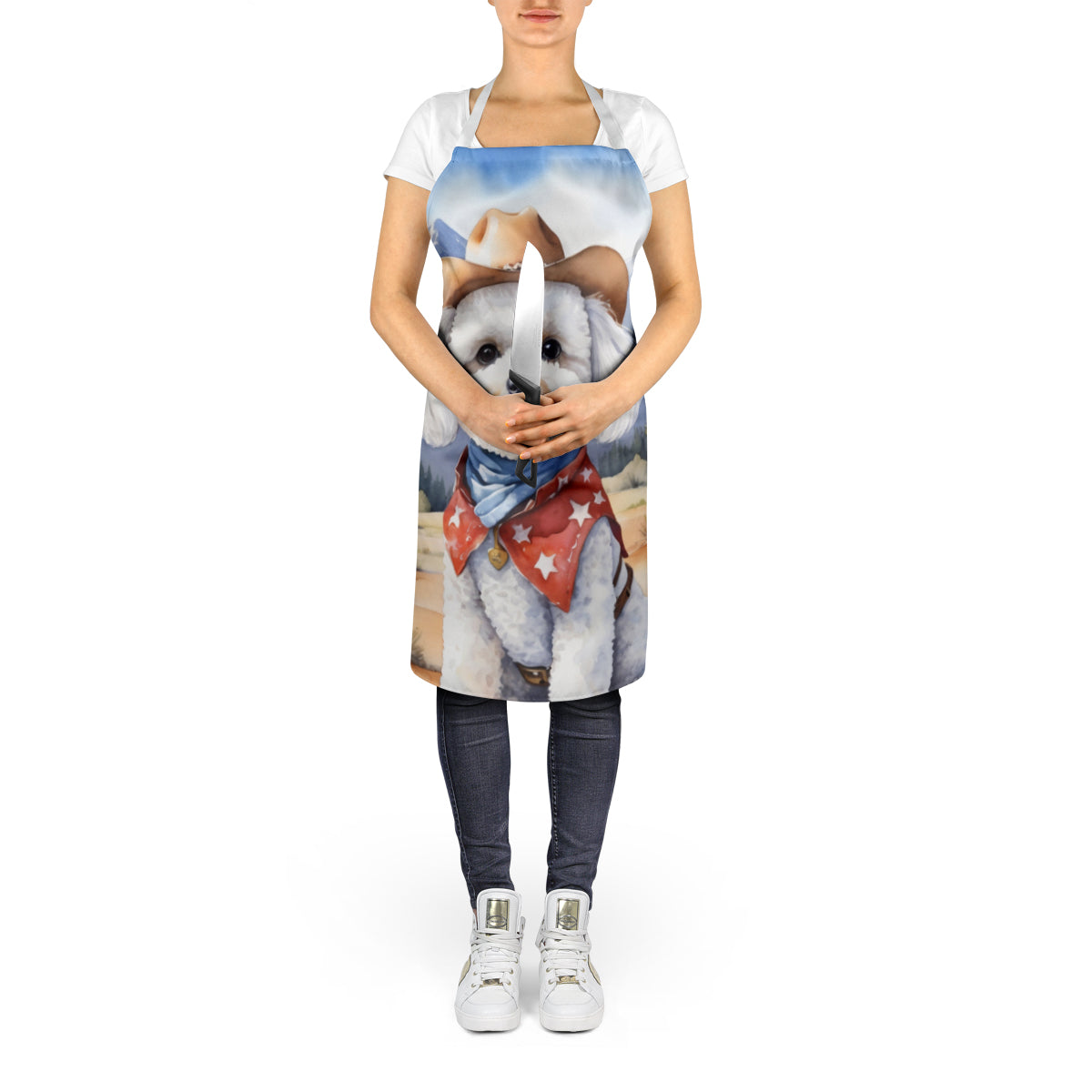 Bichon Frise Cowboy Welcome Apron Cooking Kitchen Server Baking Crafts Gardening for Adult Women Men, Unisex, Large, Multicolor