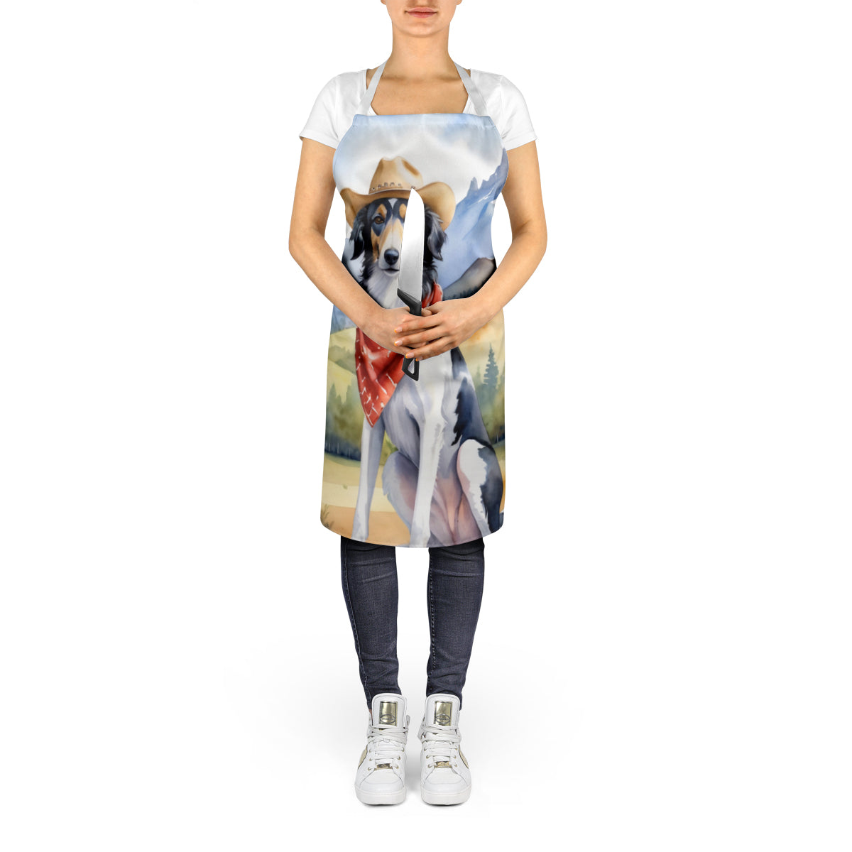 Borzoi Cowboy Welcome Apron Cooking Kitchen Server Baking Crafts Gardening for Adult Women Men, Unisex, Large, Multicolor