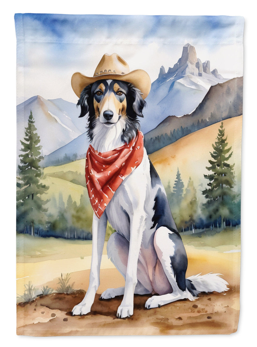 Borzoi Cowboy Welcome House Flag 28x40 Porch Sleeve Pole Decorative Outside Yard Banner Artwork Wall Hanging, Polyester