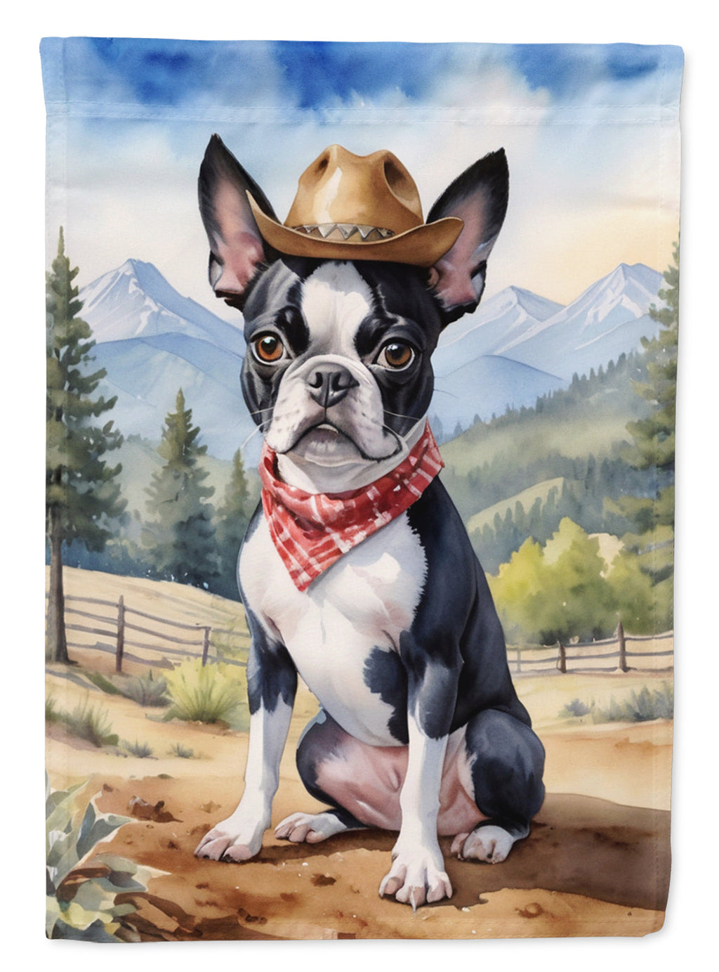 Boston Terrier Cowboy Welcome House Flag 28x40 Porch Sleeve Pole Decorative Outside Yard Banner Artwork Wall Hanging, Polyester