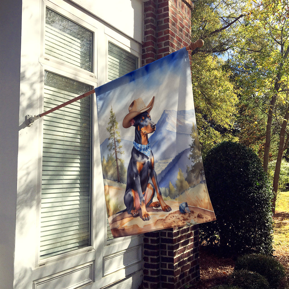 Doberman Pinscher Cowboy Welcome House Flag 28x40 Porch Sleeve Pole Decorative Outside Yard Banner Artwork Wall Hanging, Polyester