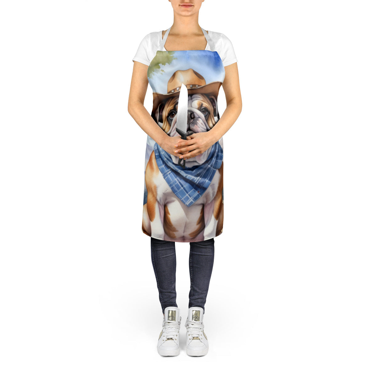 English Bulldog Cowboy Welcome Apron Cooking Kitchen Server Baking Crafts Gardening for Adult Women Men, Unisex, Large, Multicolor