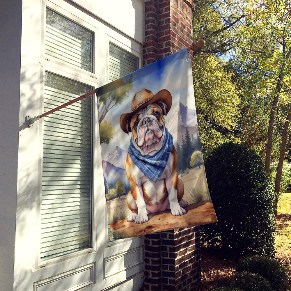 English Bulldog Cowboy Welcome House Flag 28x40 Porch Sleeve Pole Decorative Outside Yard Banner Artwork Wall Hanging, Polyester