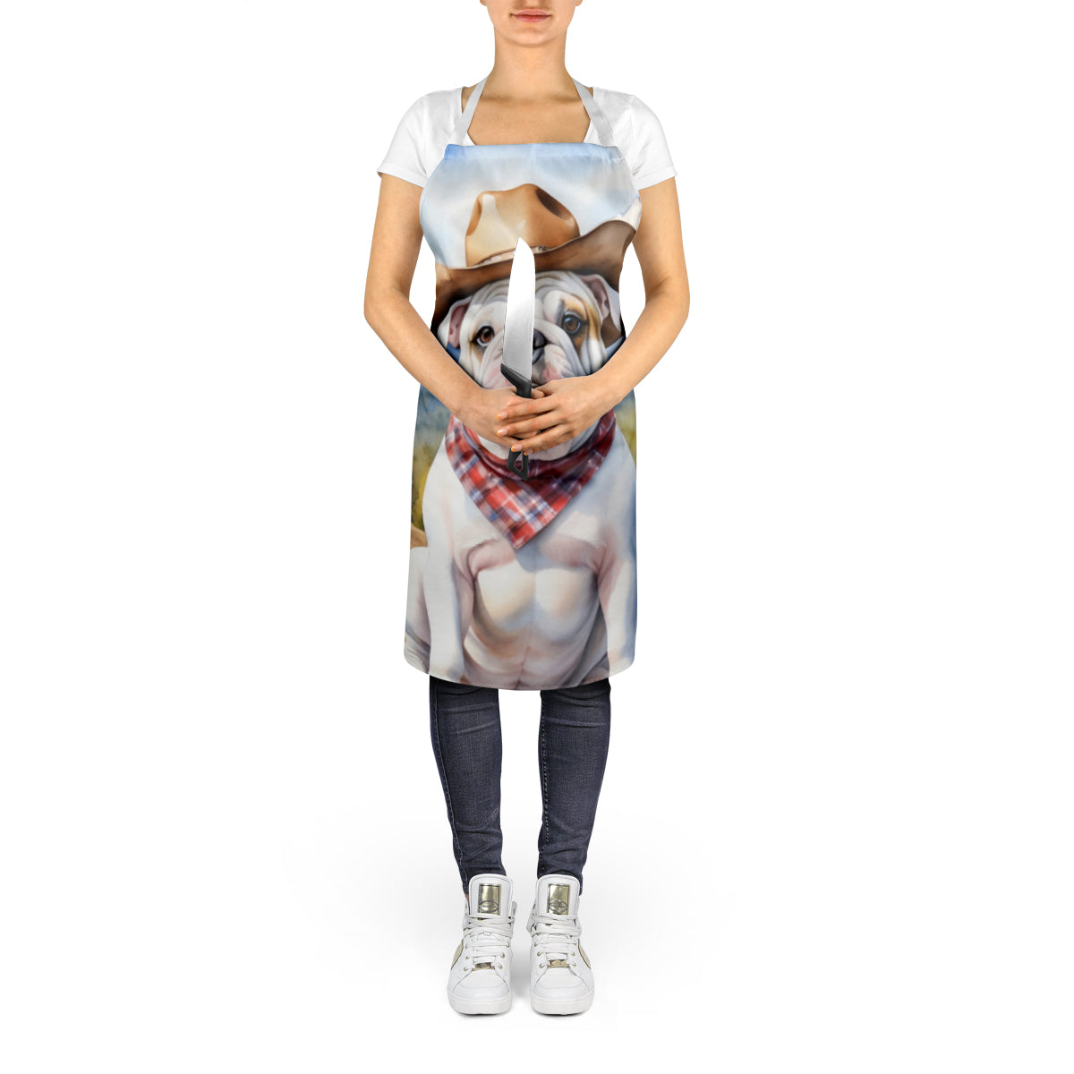 English Bulldog Cowboy Welcome Apron Cooking Kitchen Server Baking Crafts Gardening for Adult Women Men, Unisex, Large, Multicolor