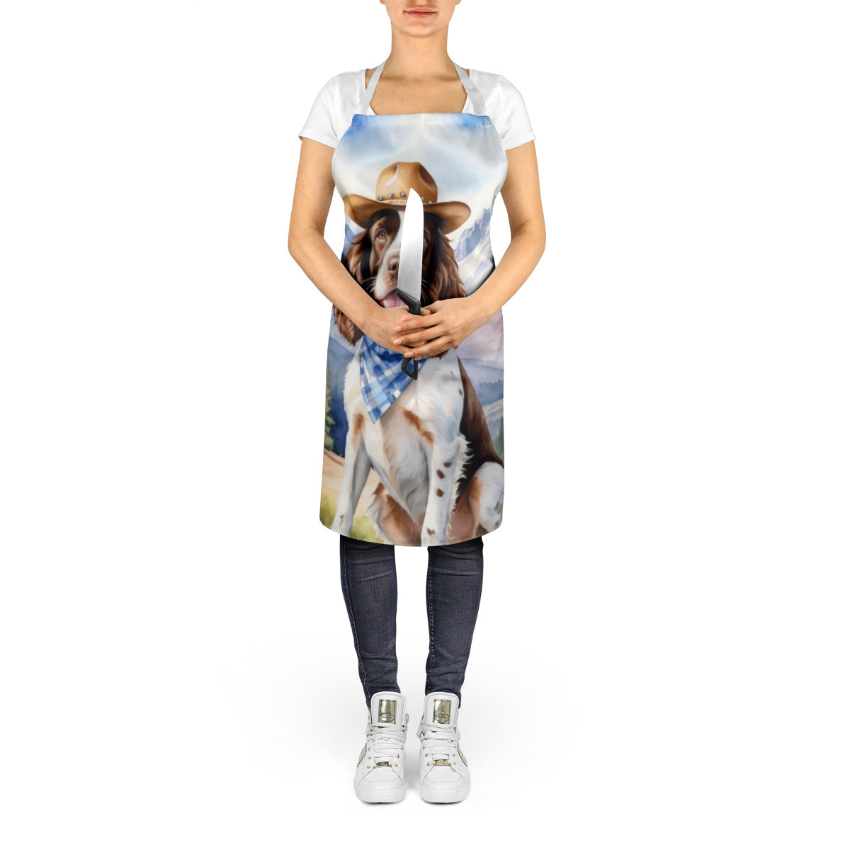 English Springer Spaniel Cowboy Welcome Apron Cooking Kitchen Server Baking Crafts Gardening for Adult Women Men, Unisex, Large, Multicolor