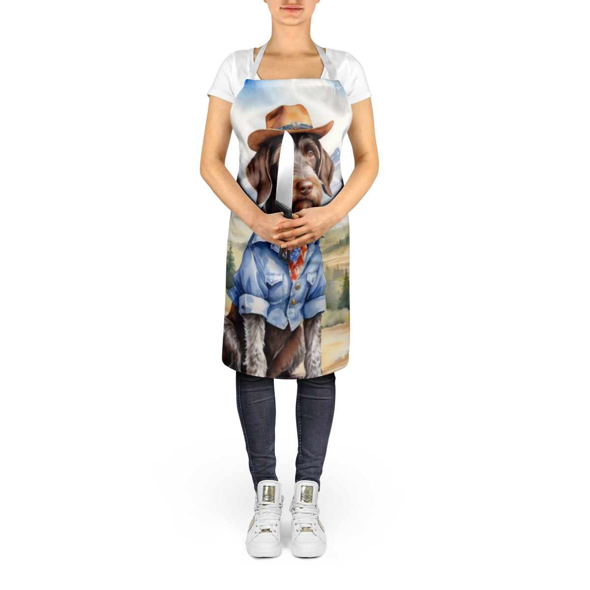 German Wirehaired Pointer Cowboy Welcome Apron Cooking Kitchen Server Baking Crafts Gardening for Adult Women Men, Unisex, Large, Multicolor