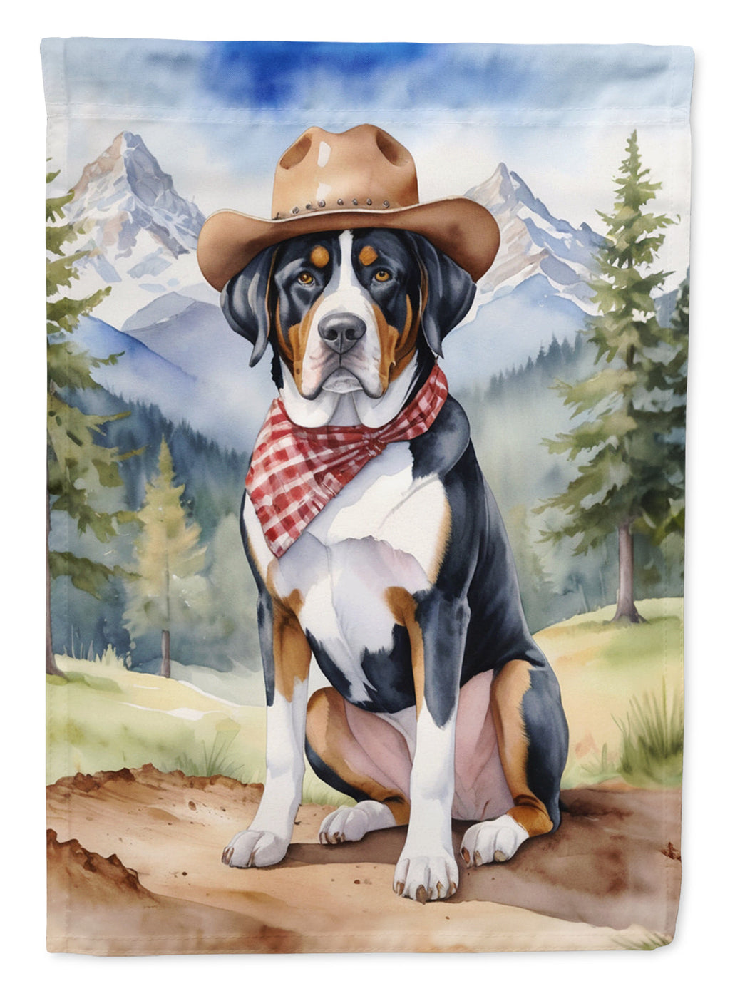 Greater Swiss Mountain Dog Cowboy Welcome House Flag 28x40 Porch Sleeve Pole Decorative Outside Yard Banner Artwork Wall Hanging, Polyester