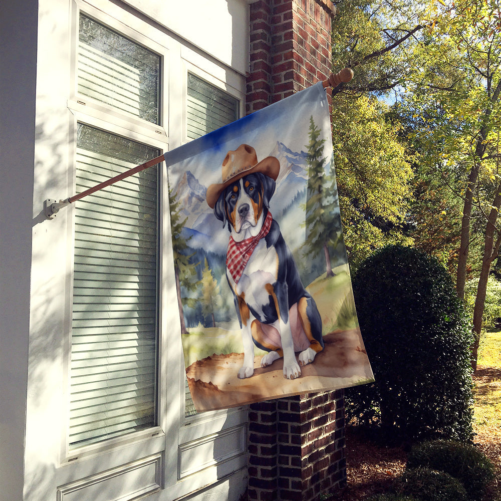 Greater Swiss Mountain Dog Cowboy Welcome House Flag 28x40 Porch Sleeve Pole Decorative Outside Yard Banner Artwork Wall Hanging, Polyester