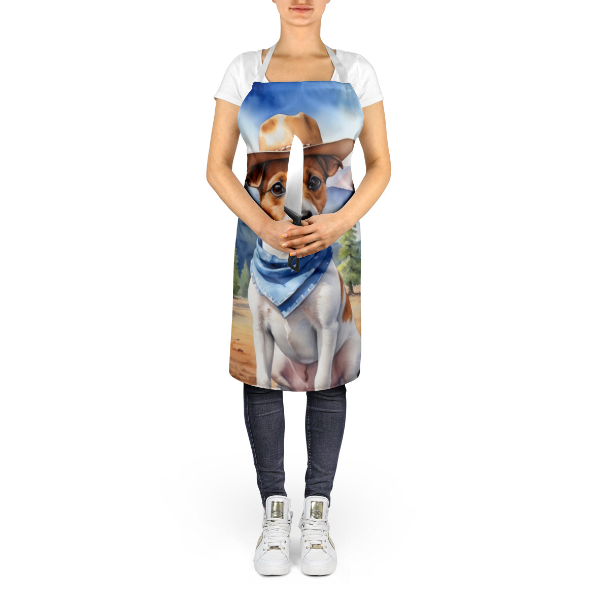 Jack Russell Terrier Cowboy Welcome Apron Cooking Kitchen Server Baking Crafts Gardening for Adult Women Men, Unisex, Large, Multicolor