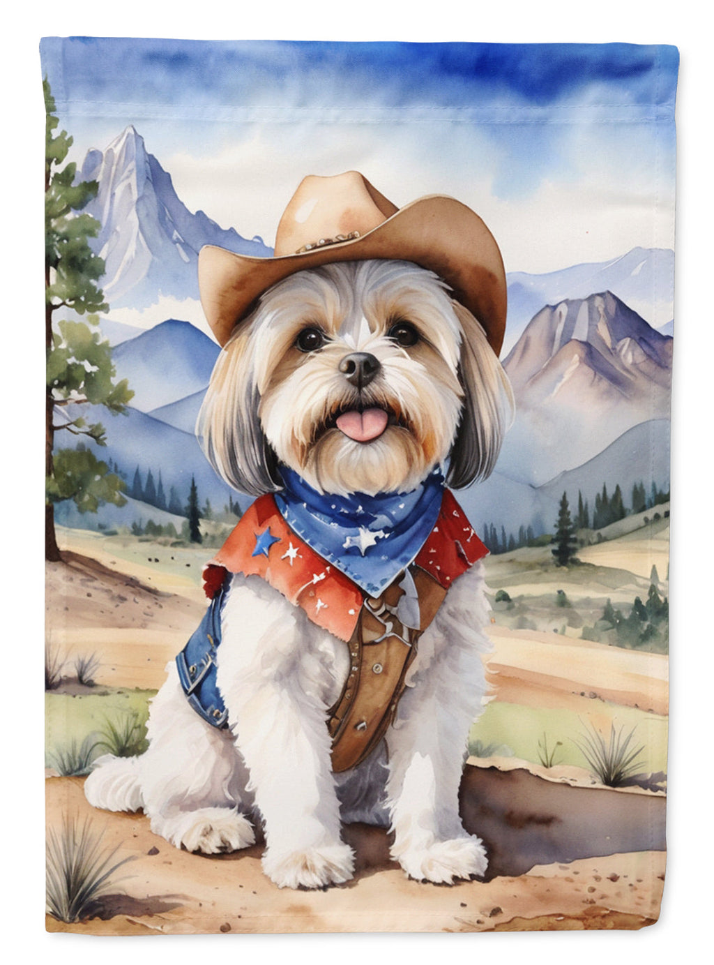 Lhasa Apso Cowboy Welcome House Flag 28x40 Porch Sleeve Pole Decorative Outside Yard Banner Artwork Wall Hanging, Polyester