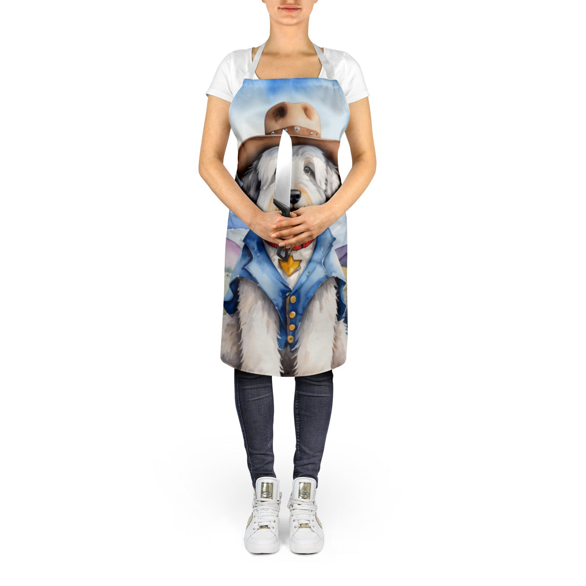 Old English Sheepdog Cowboy Welcome Apron Cooking Kitchen Server Baking Crafts Gardening for Adult Women Men, Unisex, Large, Multicolor